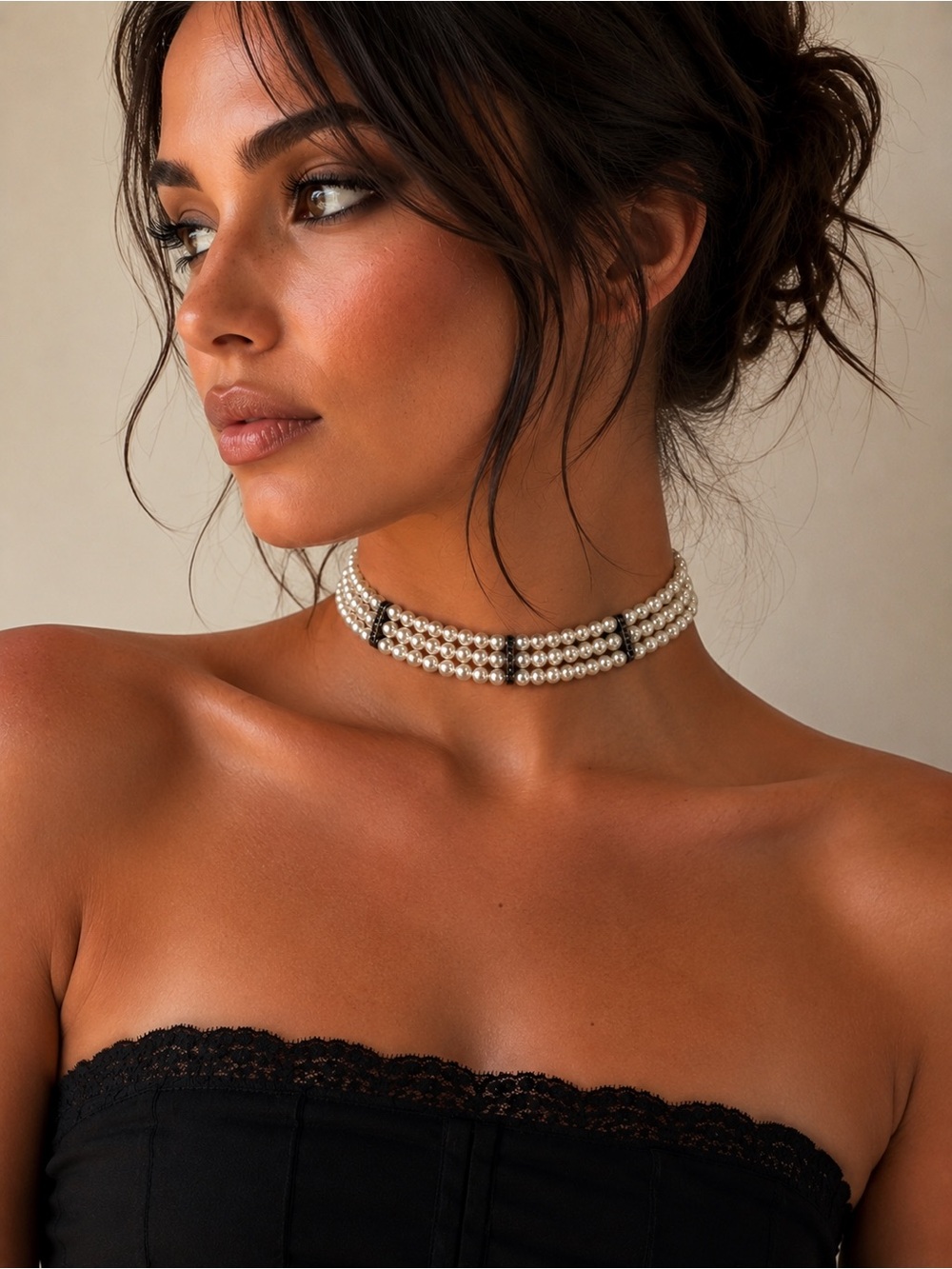 Pearl Multi-Strand Choker Necklace in White and Black